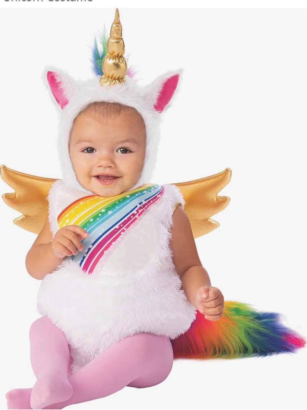 Baby White Unicorn Costume with Rainbow Chest and Gold Wings
